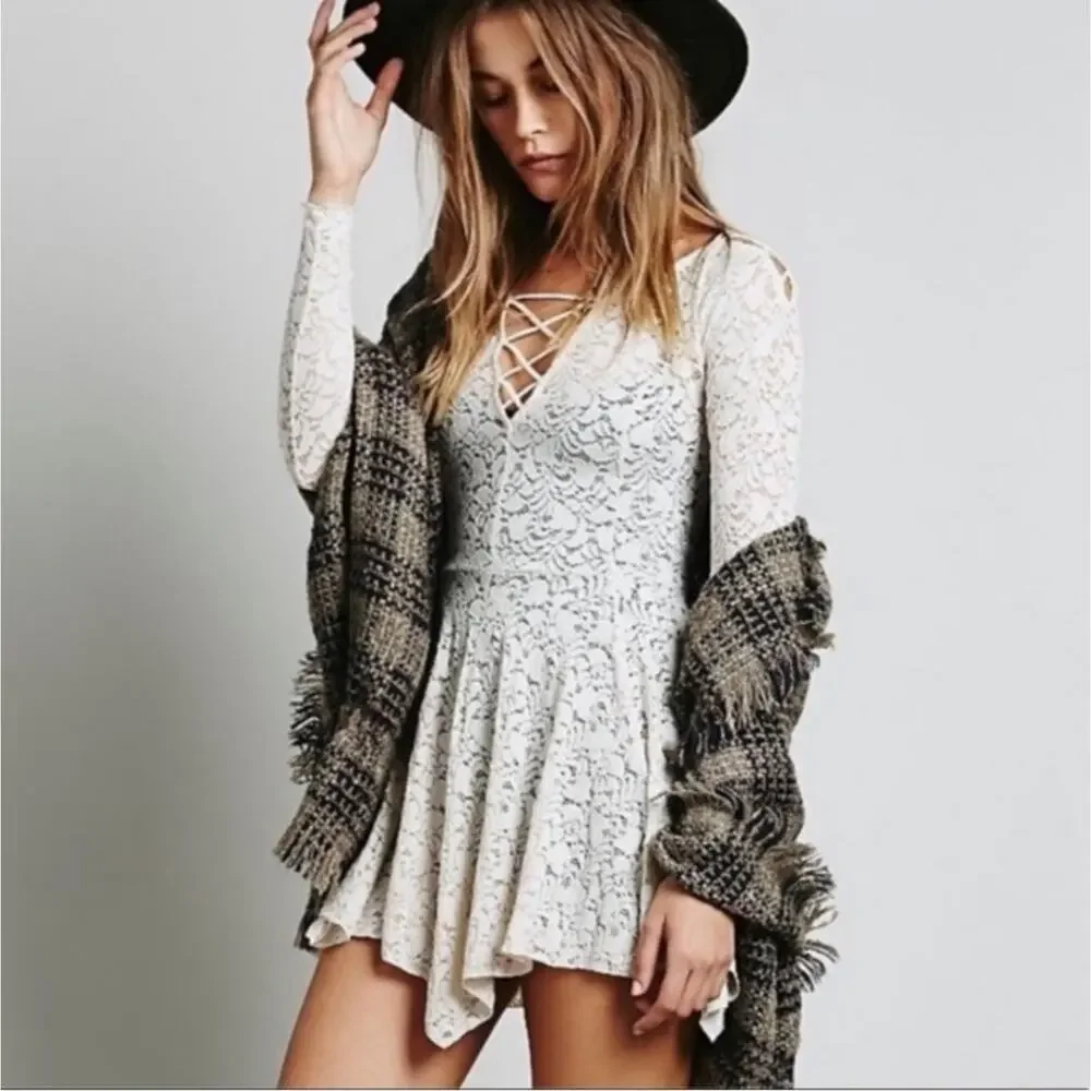 Free People Small Sheer Cream Lace Up Tunic Mini Dress